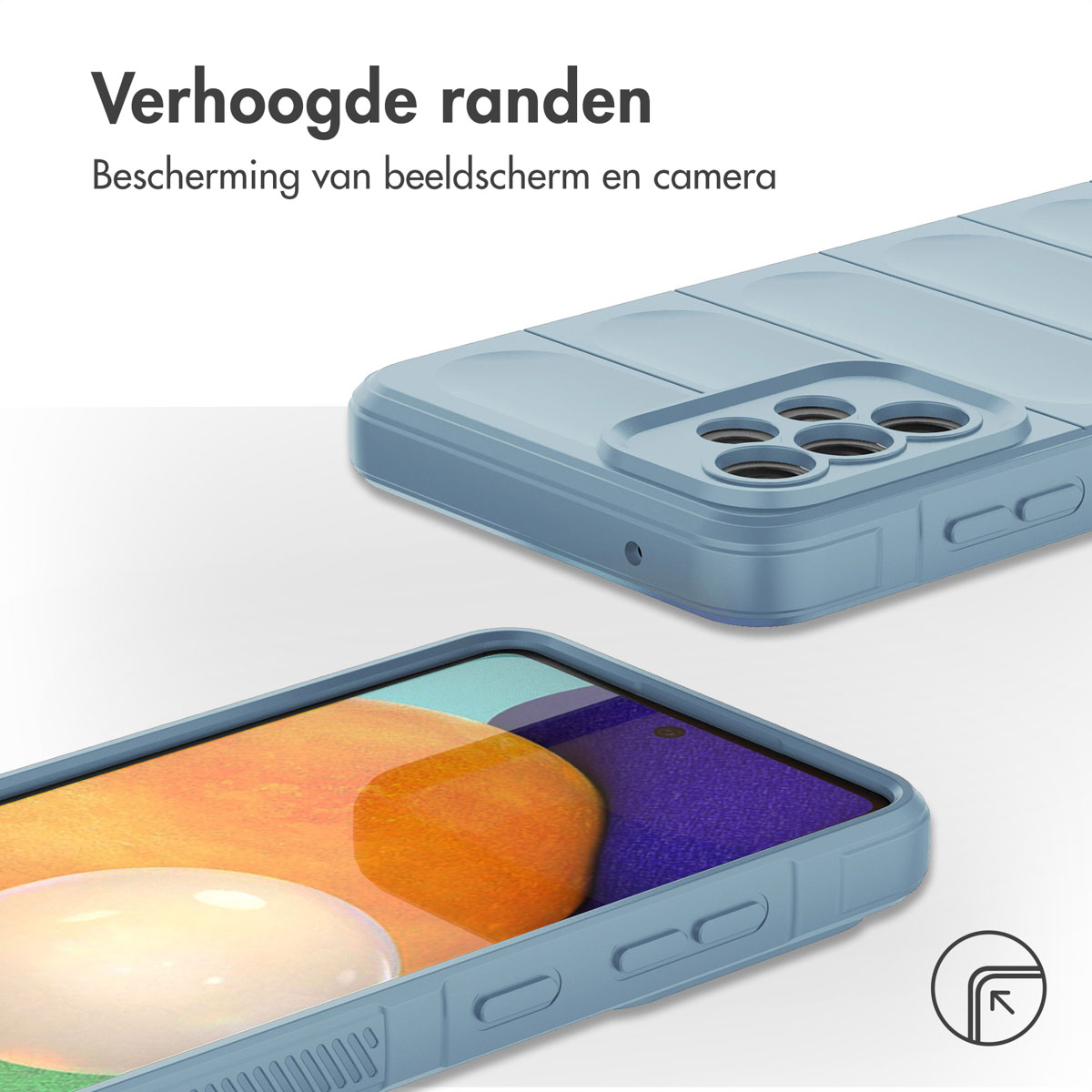 Blauwe telefoonhoes met verhoogde randen. Tekst: 'Verhoogde randen'. Telefoonhoes wordt getoond.