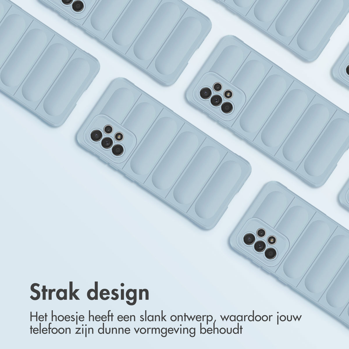 Groep blauwe telefoonhoesjes. Ze hebben een strak ontwerp en zijn gerangschikt op een lichtblauwe achtergrond.