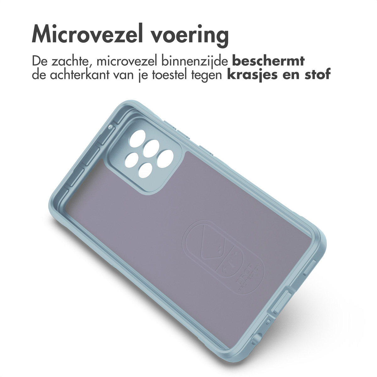 Binnenaanzicht van de telefoonhoes. De hoes is lichtblauw en toont de zachte voering en de achterkant van de telefoon.