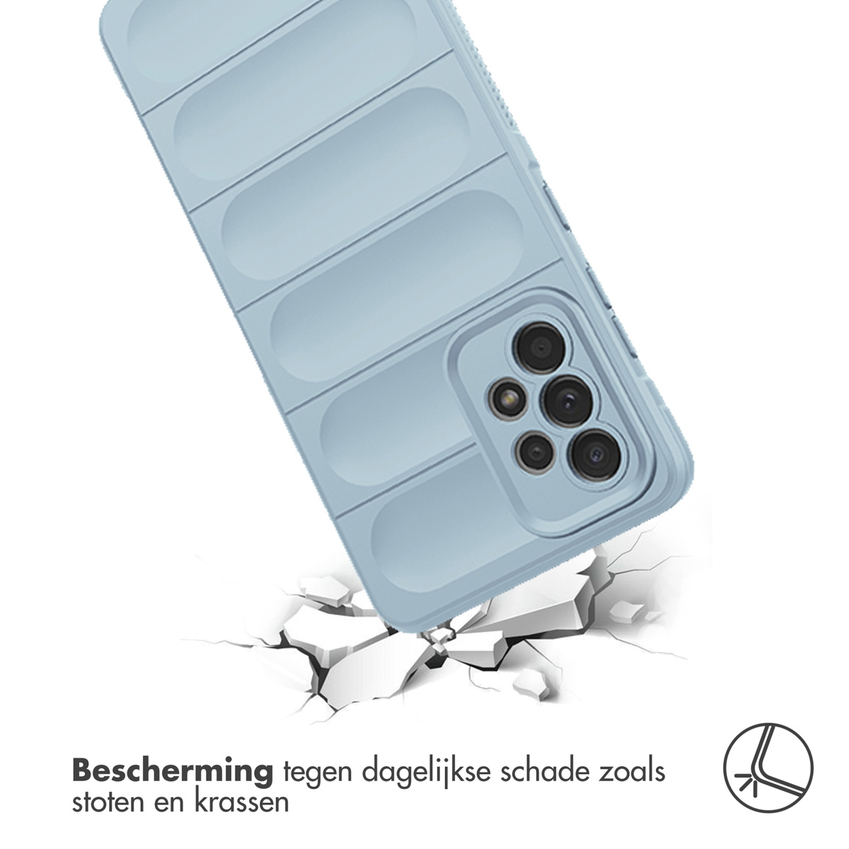 Lichtblauwe telefoonhoes met ribbelontwerp. De telefoonhoes valt en heeft de grond bij impact gebarsten.