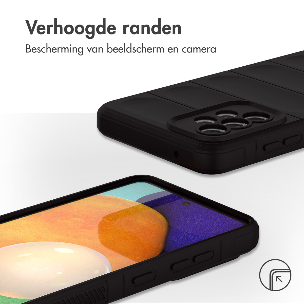 Étui noir et téléphone. L'écran est visible. L'étui a un motif texturé.