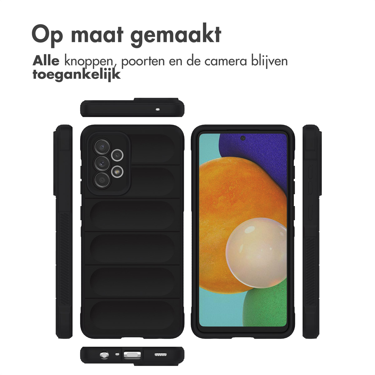 Coque de téléphone noire avec un téléphone à l'intérieur. Le texte dit 'Op maat gemaakt'. La coque a des boutons, des ports et un appareil photo accessibles.