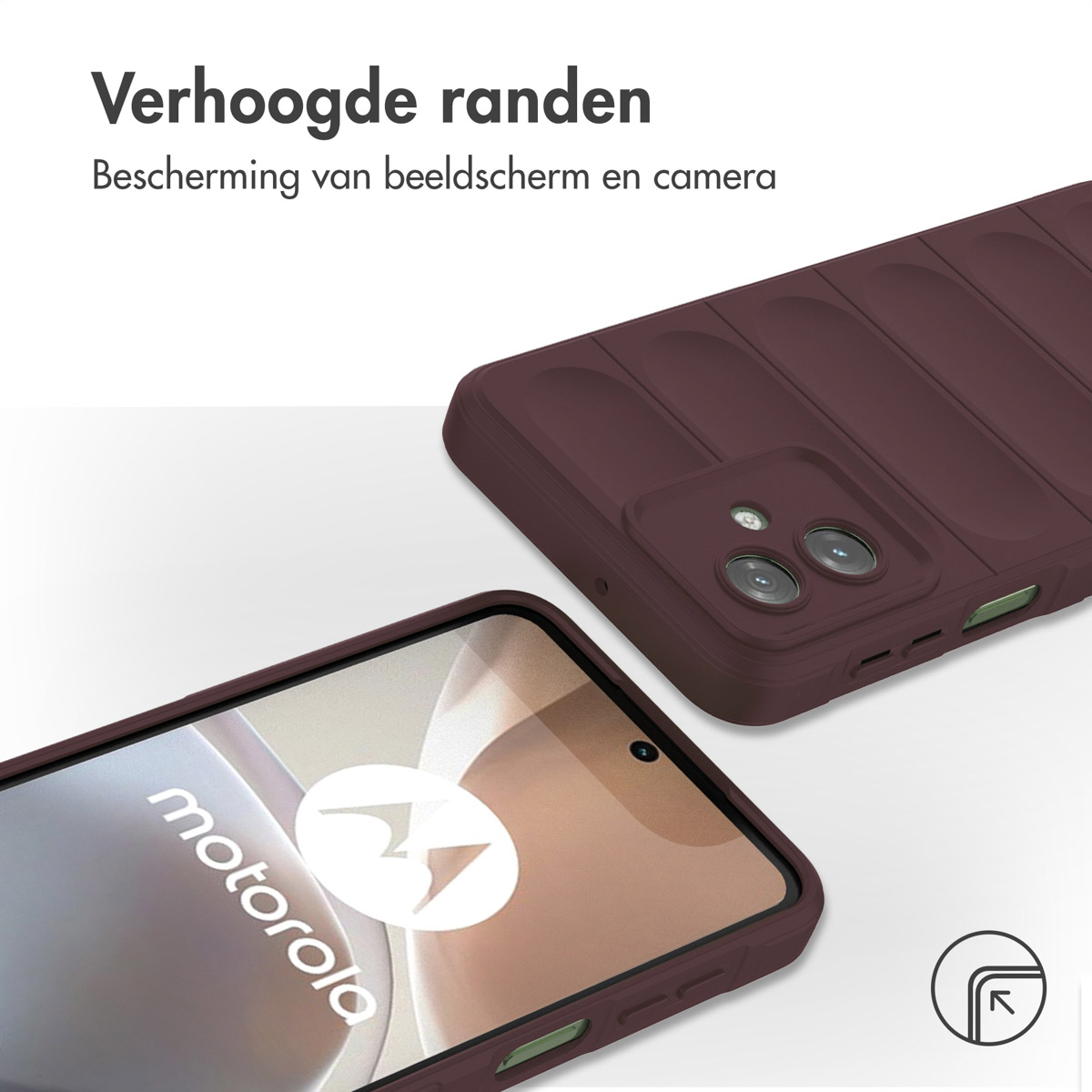 Een telefoonhoesje en een telefoon worden getoond. De hoes heeft verhoogde ribbels. De telefoon toont het woord motorola.