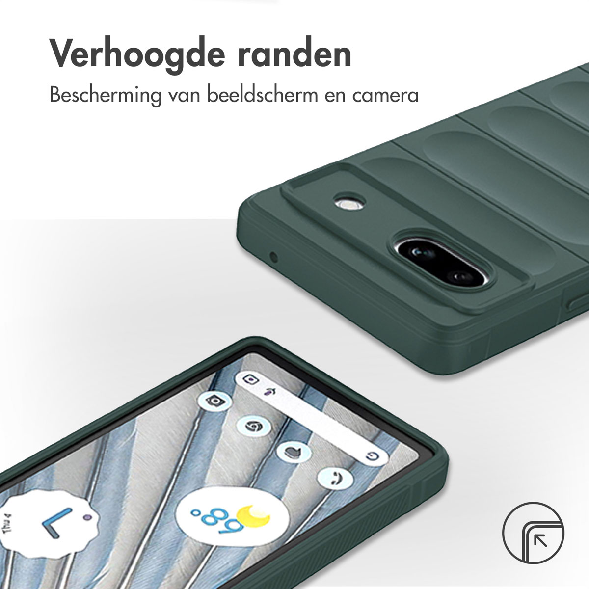 Grüne Handyhülle und Telefonbildschirm. Der Bildschirm zeigt Apps. Ein Logo in der Ecke.