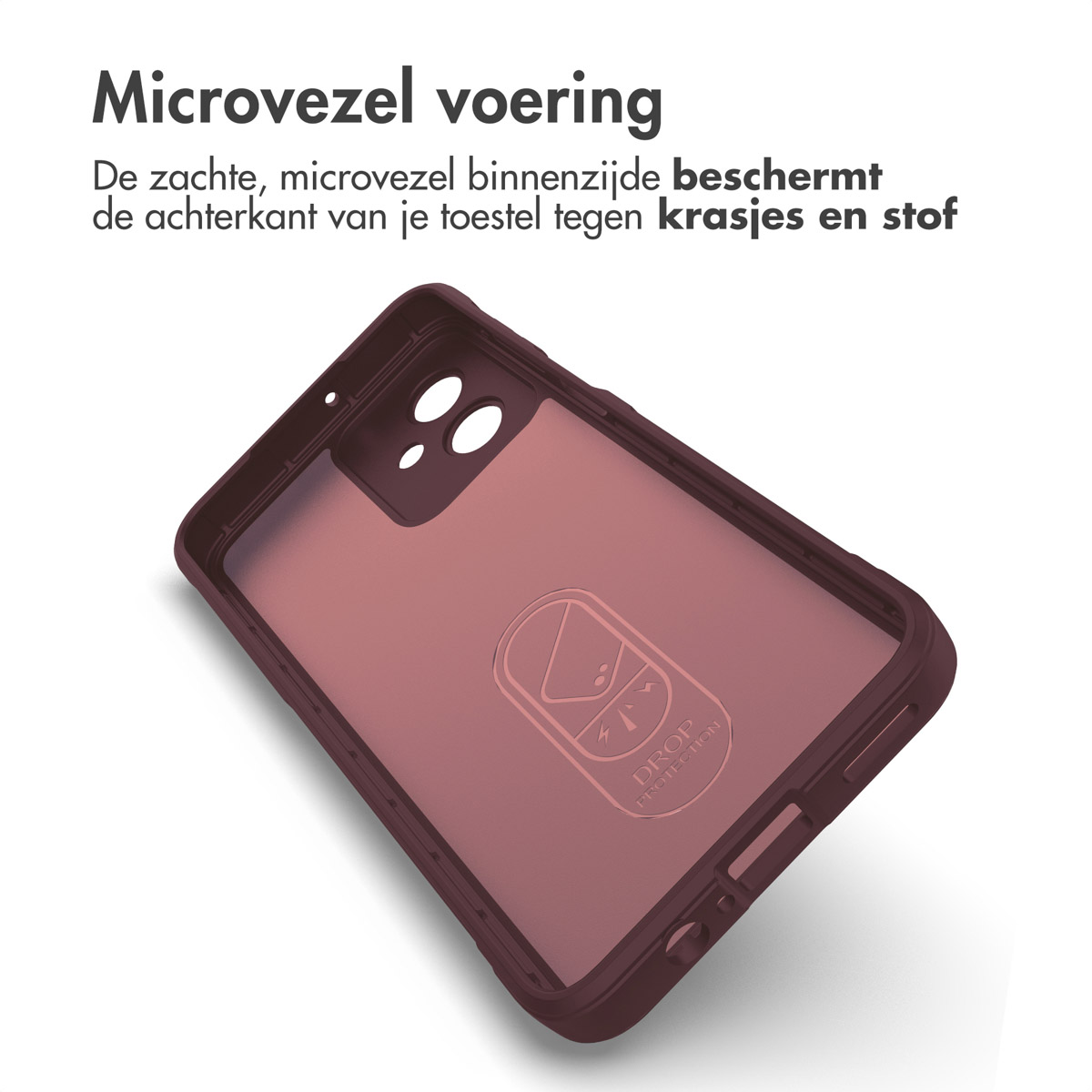 Binnenkant van een bordeaux telefoonhoes. Hoes heeft een valbeschermingslogo. Tekst: 'Microvezel voering' en 'krasbescherming'.