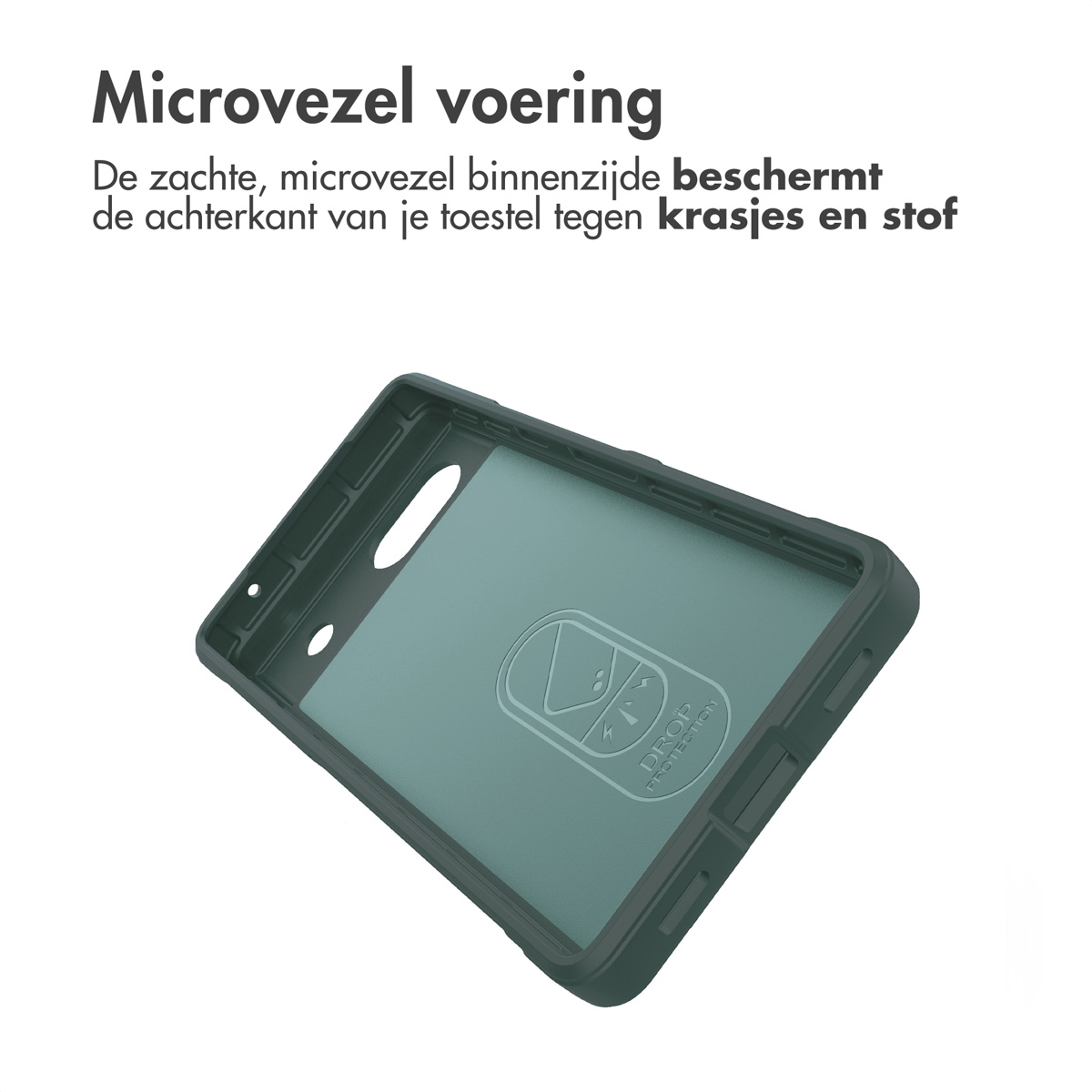 Innenansicht einer Handyhülle, dunkelgrüne Farbe, mit Mikrofaserfutter. Die Hülle hat ein Drop-Protection-Logo.