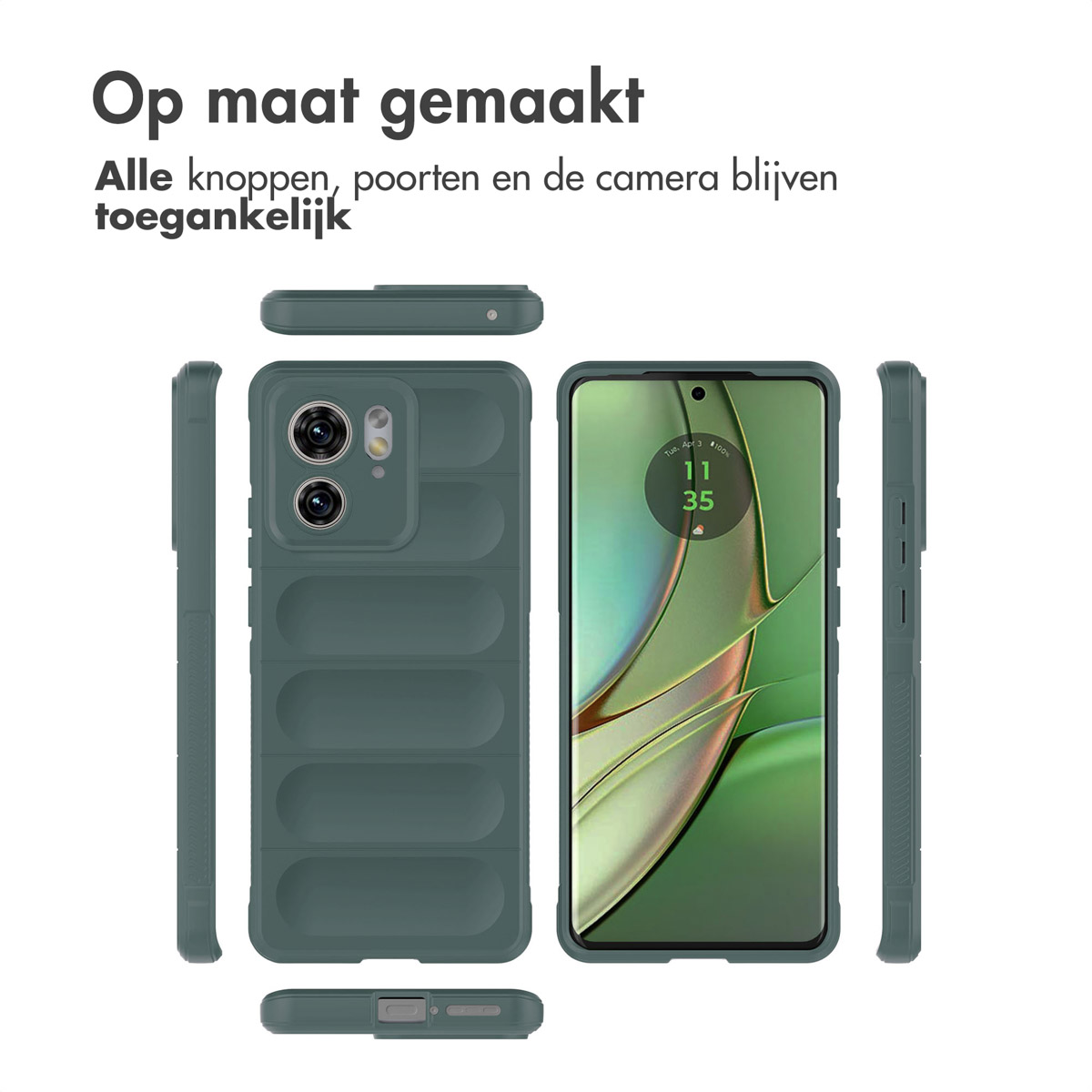 Un étui de téléphone vert et un téléphone sont affichés. L'étui comporte des découpes pour l'appareil photo et les boutons. Le téléphone est visible.