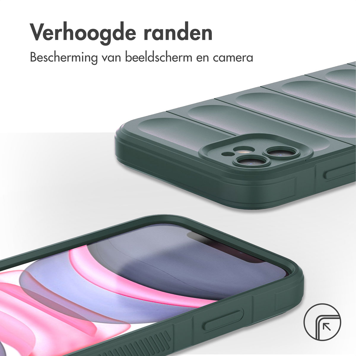 Gros plan d'une coque de téléphone verte avec bords surélevés. Une autre coque en arrière-plan.