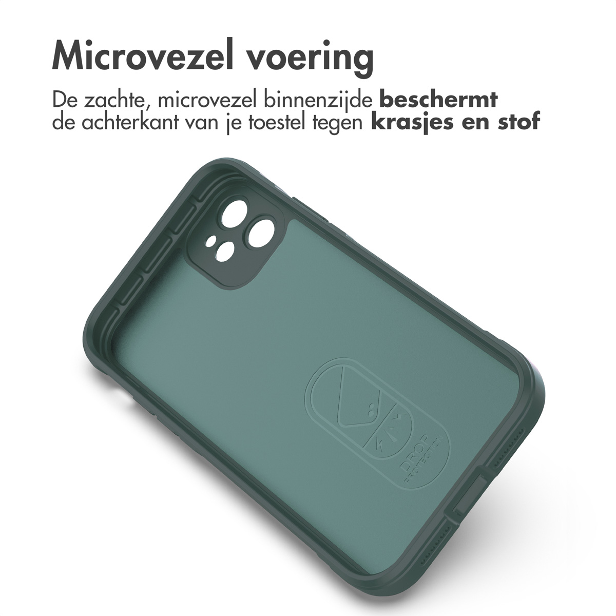 Intérieur de coque verte avec texte en néerlandais, montrant une doublure en microfibre.