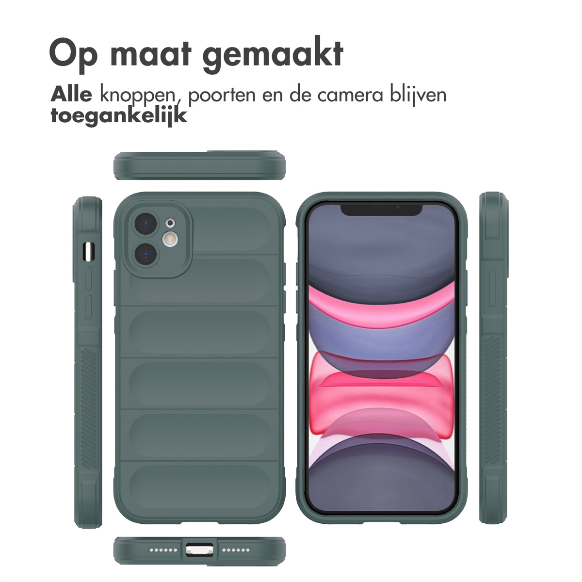Coque de téléphone verte avec un téléphone à l'intérieur. Coque à crêtes. Texte : « Fabriqué sur mesure ».