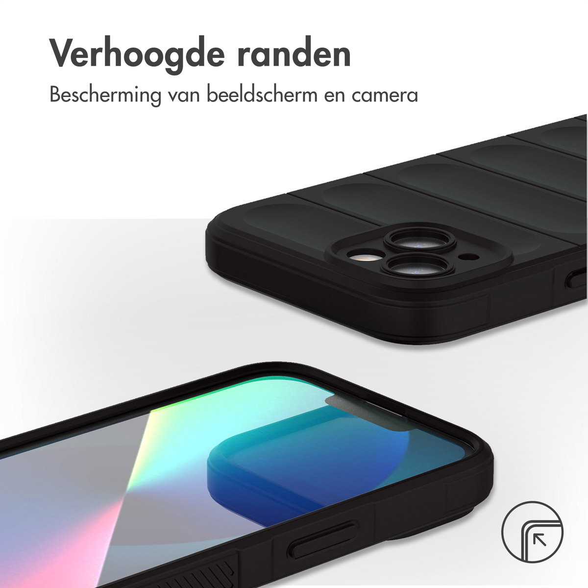 Gros plan sur un étui de téléphone et un téléphone noirs. Le téléphone a un écran avec des couleurs, près d'un logo rond.