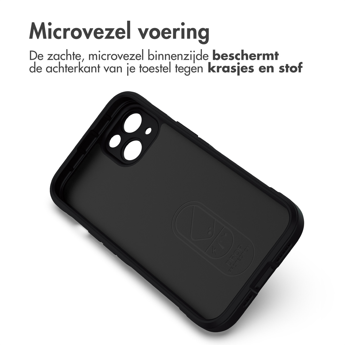 Intérieur de coque de téléphone noire avec doublure en microfibre douce. Logo Drop Protection visible.