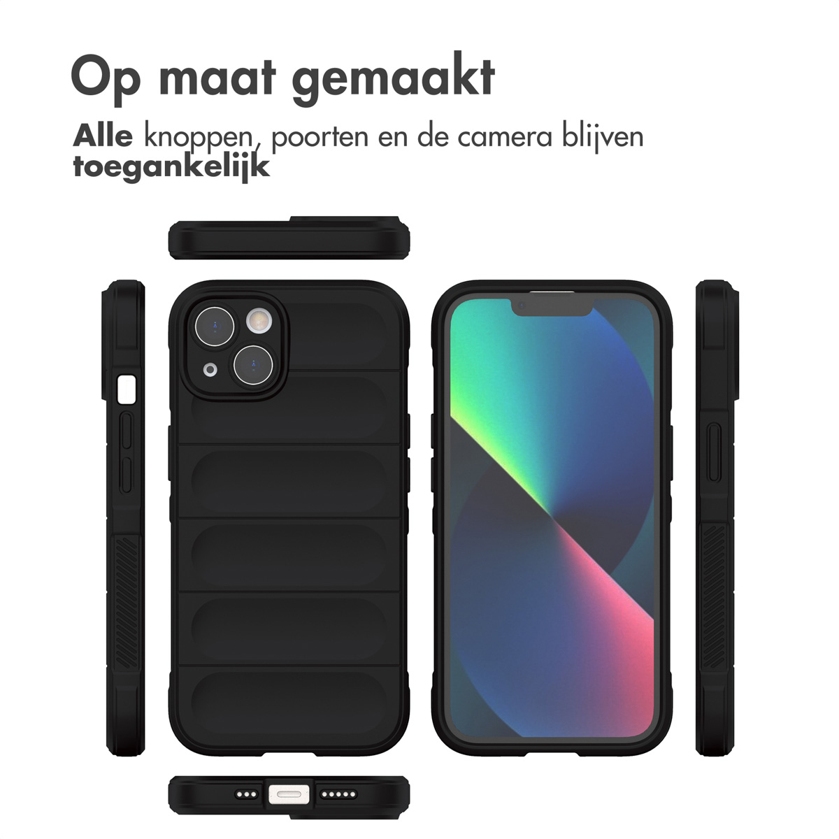 Coque de téléphone noire, différentes vues, avec téléphone à l'intérieur, sur fond blanc.