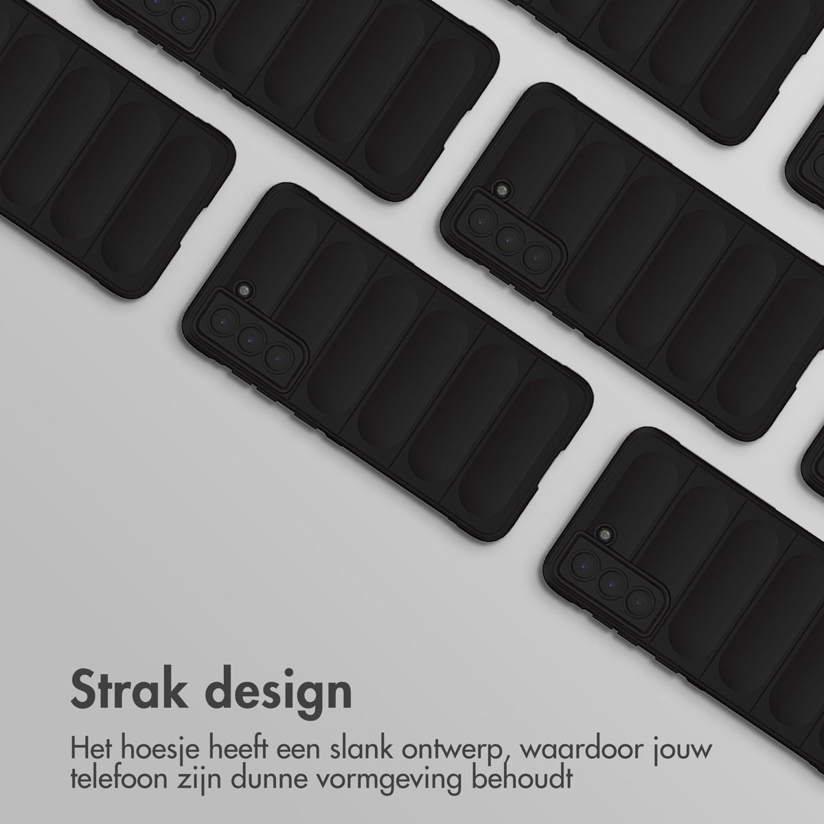 Meerdere zwarte telefoonhoesjes met een slank ontwerp en Nederlandse tekst.