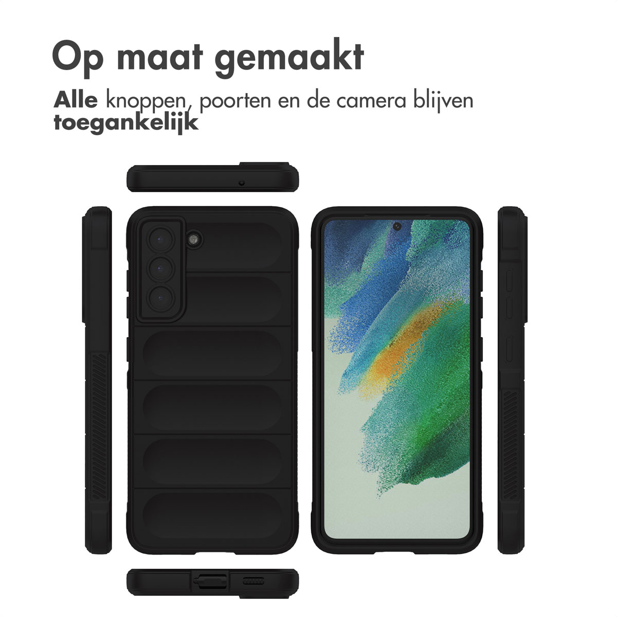 Een telefoonhoesje in verschillende posities. Een telefoon binnenin en de zijkanten van de hoes worden weergegeven. Zwarte hoes, witte achtergrond.