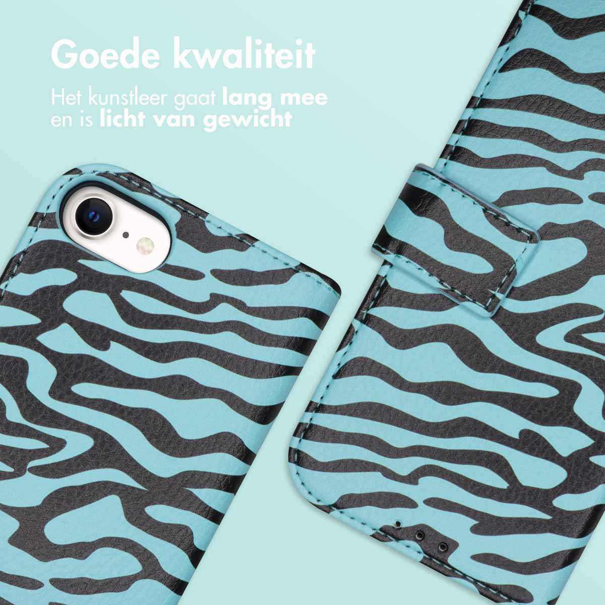 Telefoonhoesje met zebraprint. Tekst: Goede kwaliteit.