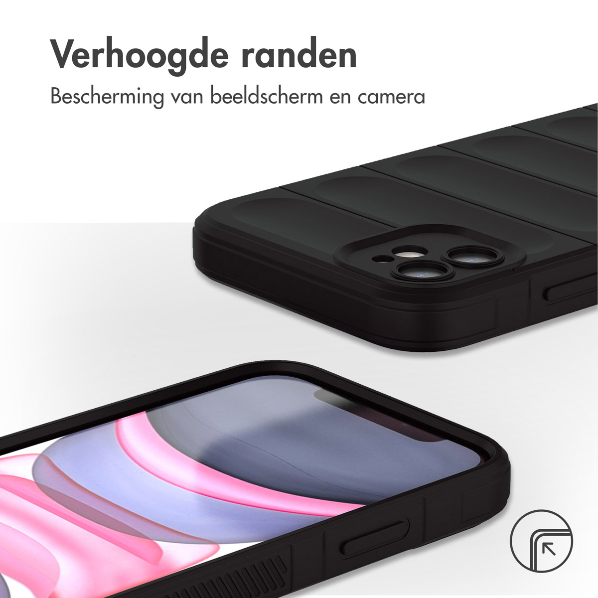 Coque noire, avec téléphone, isolée sur surface blanche.
