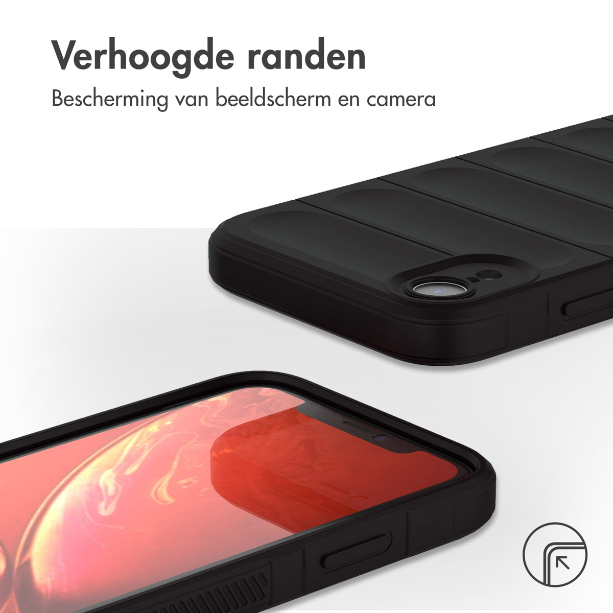 Deux coques de téléphone noires, l'une au-dessus de l'autre. La coque supérieure est inclinée, la coque inférieure affiche un écran rouge.