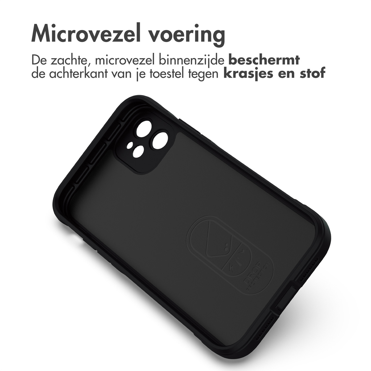 Coque de téléphone noire. Elle a une doublure en microfibre. Texte : 'Doublure en microfibre'.