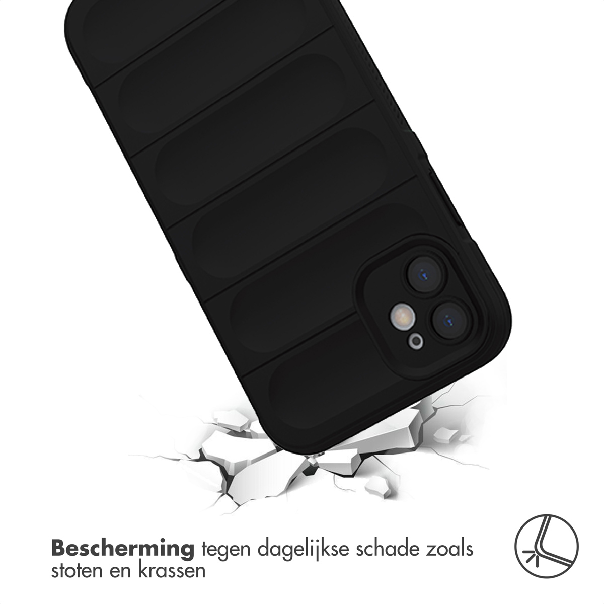 Coque de téléphone noire tombant sur une surface, la brisant. Montre la protection contre les chutes.