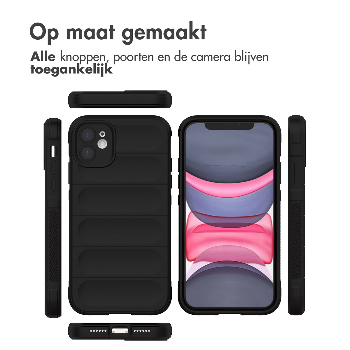 Coque de téléphone noire, vues multiples. Texte : Fabriqué sur mesure.