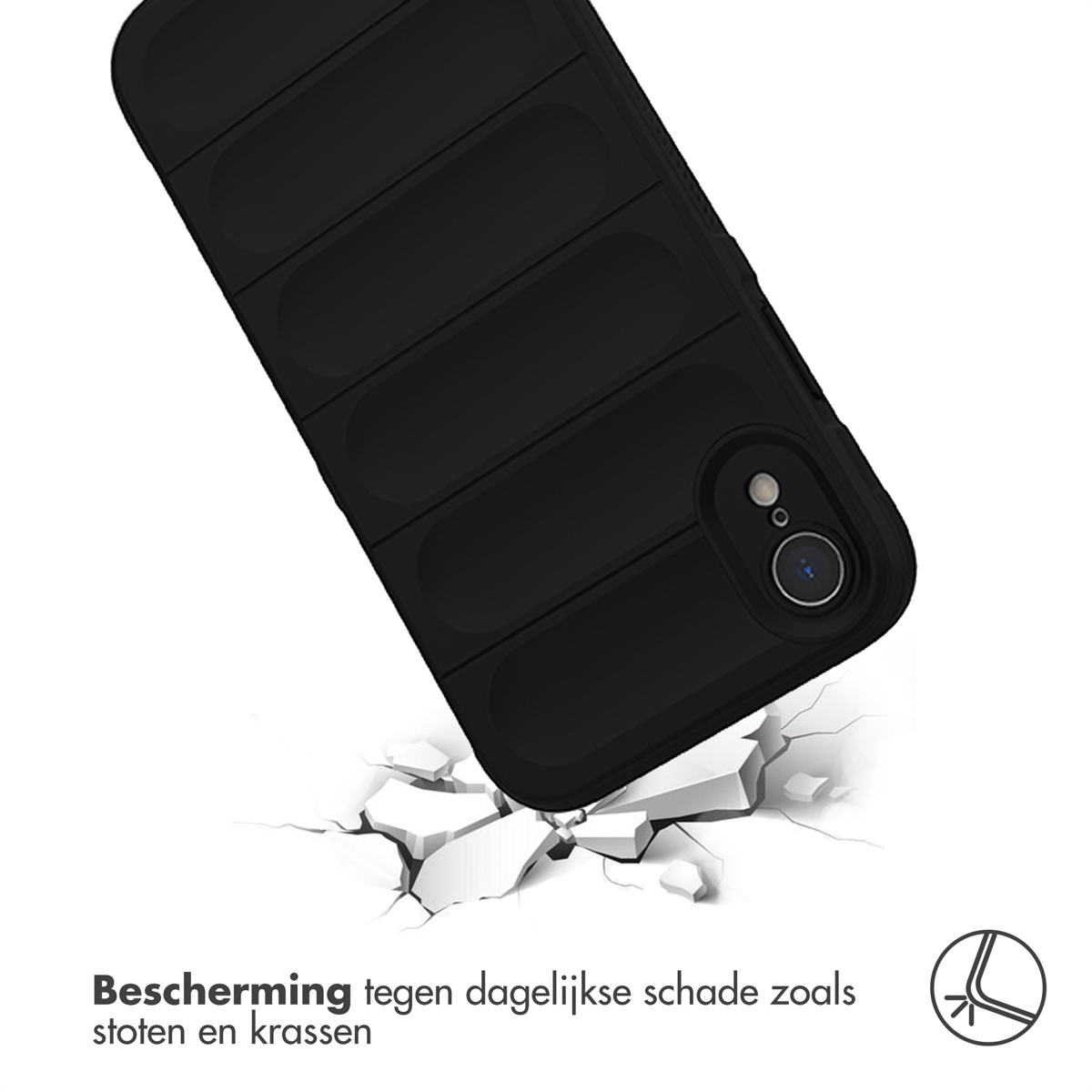 Coque de téléphone noire qui tombe. Texte : 'Protection contre les dommages quotidiens'. Le téléphone tombe.