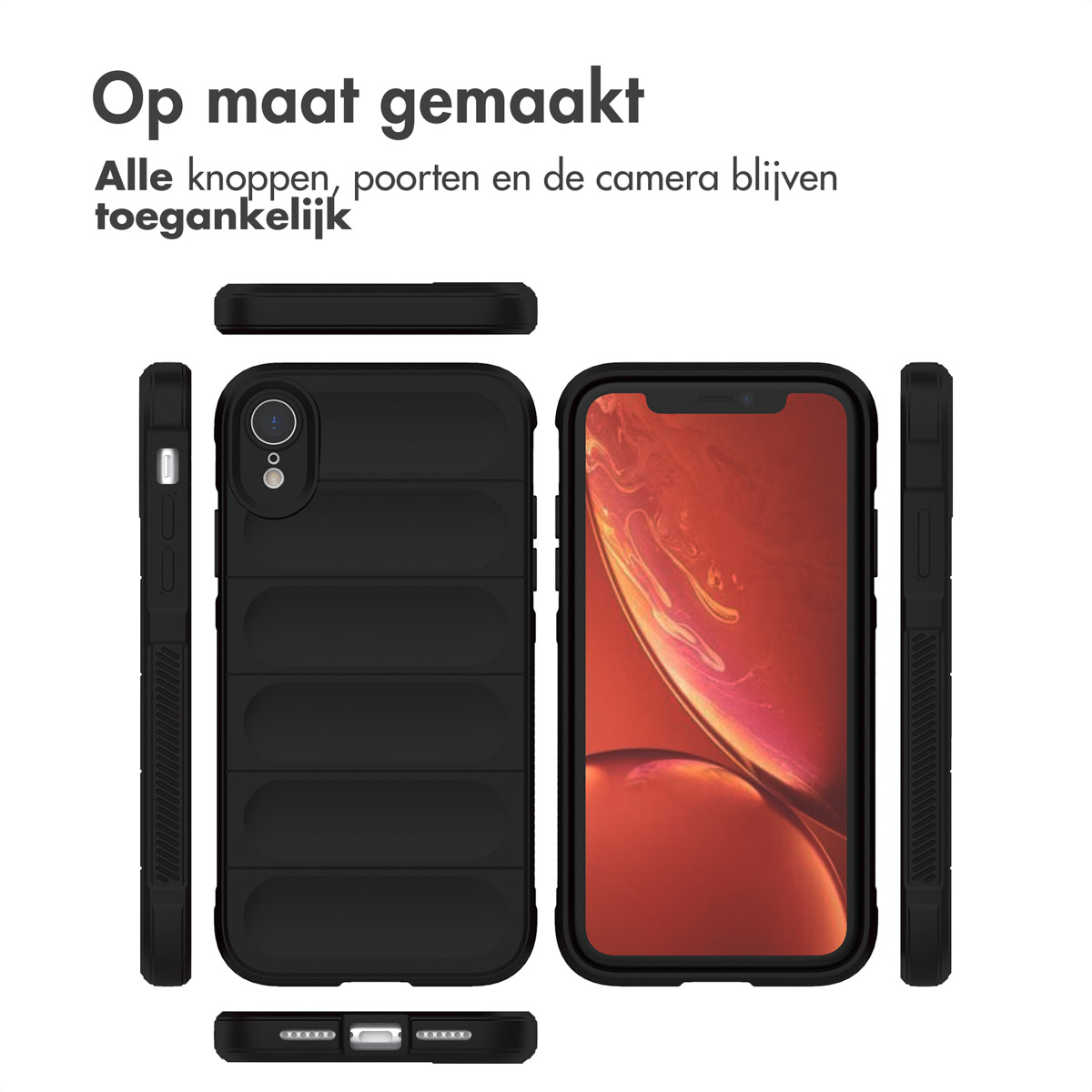 Coque de téléphone noire et téléphone avec écran orange. Coque à gauche, téléphone à droite. Texte en néerlandais en haut.