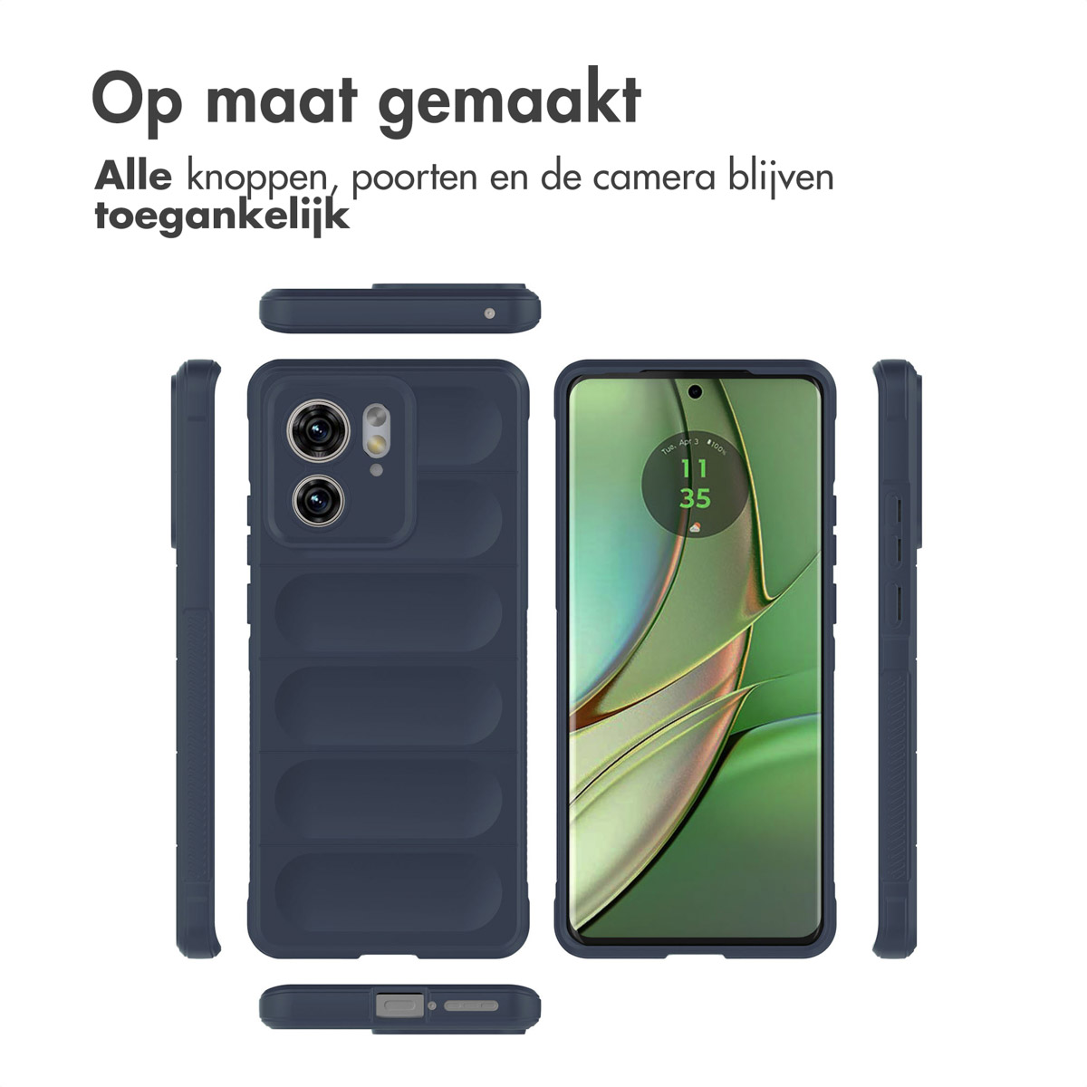Disposition de coque de téléphone avec texte en néerlandais, montrant une coque sous différents angles.