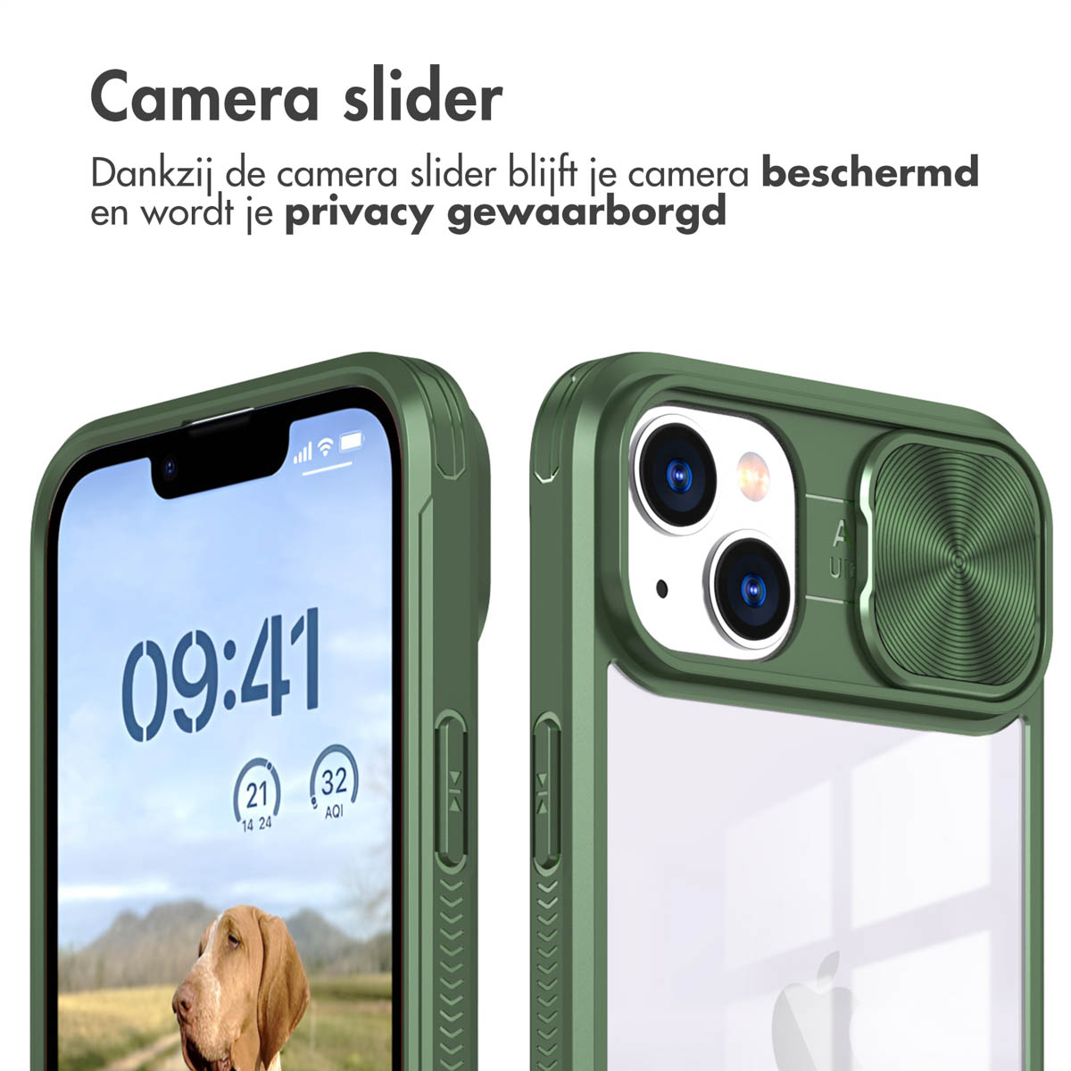 Deux téléphones avec des étuis verts. L'étui a un cache caméra coulissant. Un écran affiche l'heure 09:41.