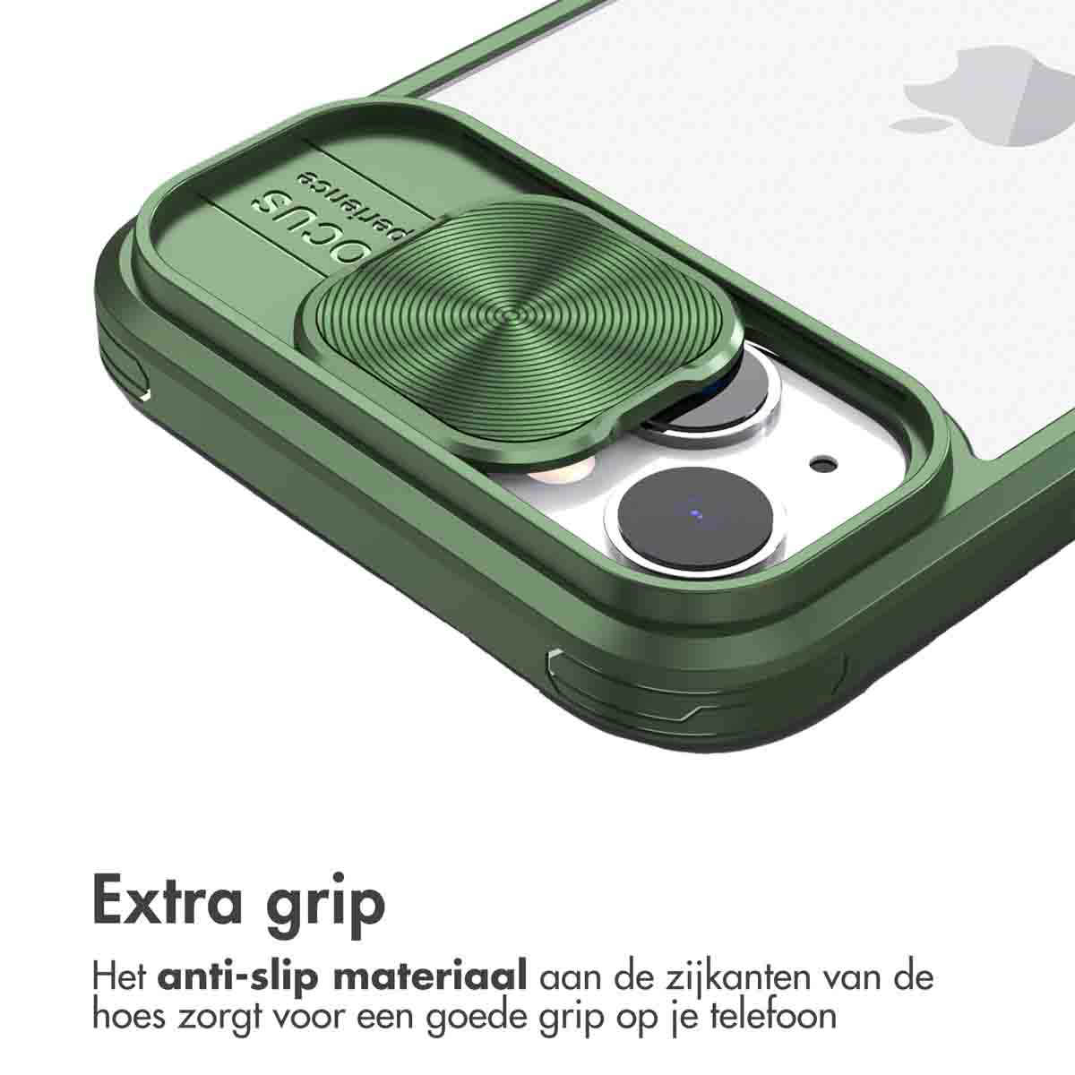 Une coque de téléphone verte avec un support de bague, sur une surface blanche.