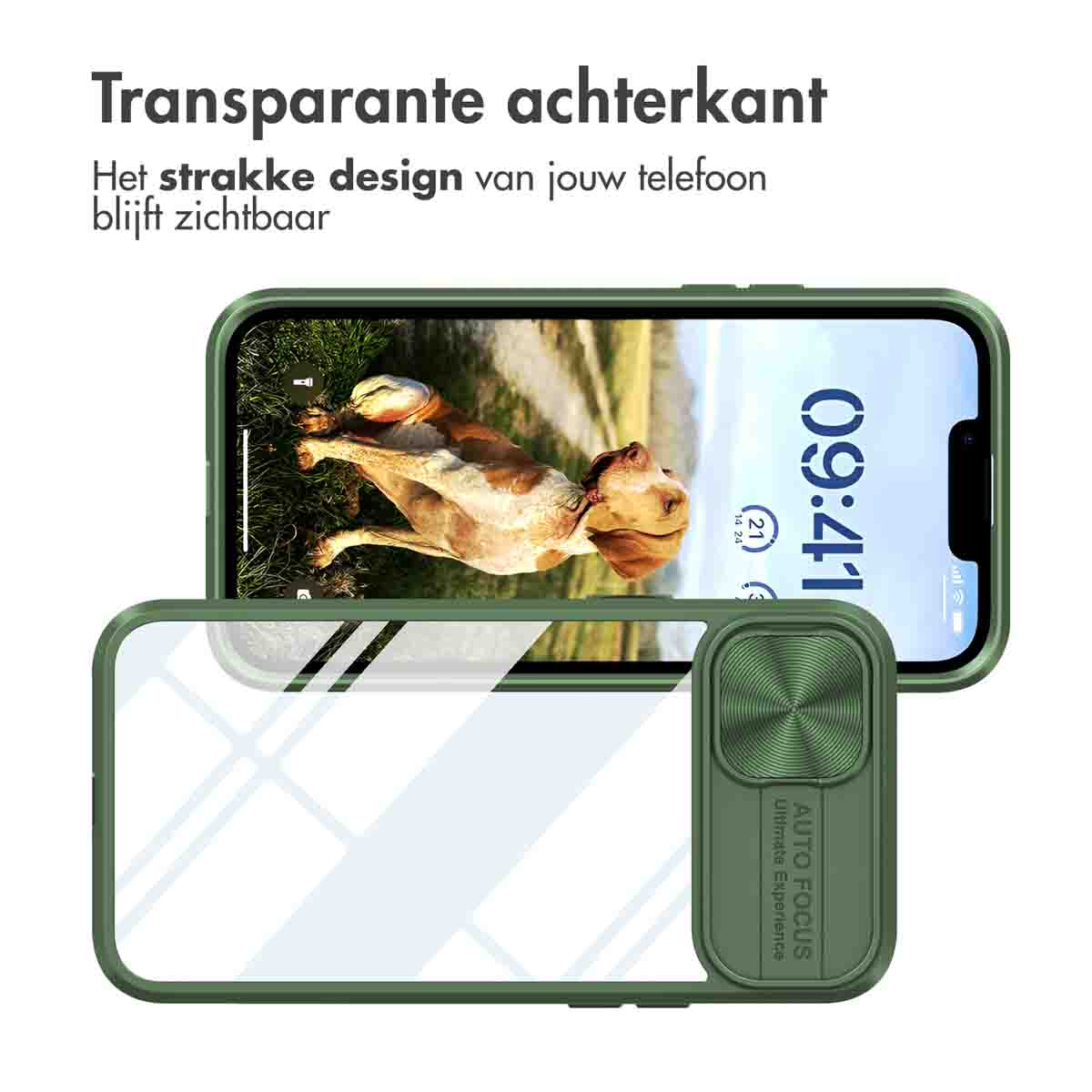 Coque de téléphone verte avec un dos transparent, montrant le téléphone. Un chien est visible sur l'écran du téléphone.
