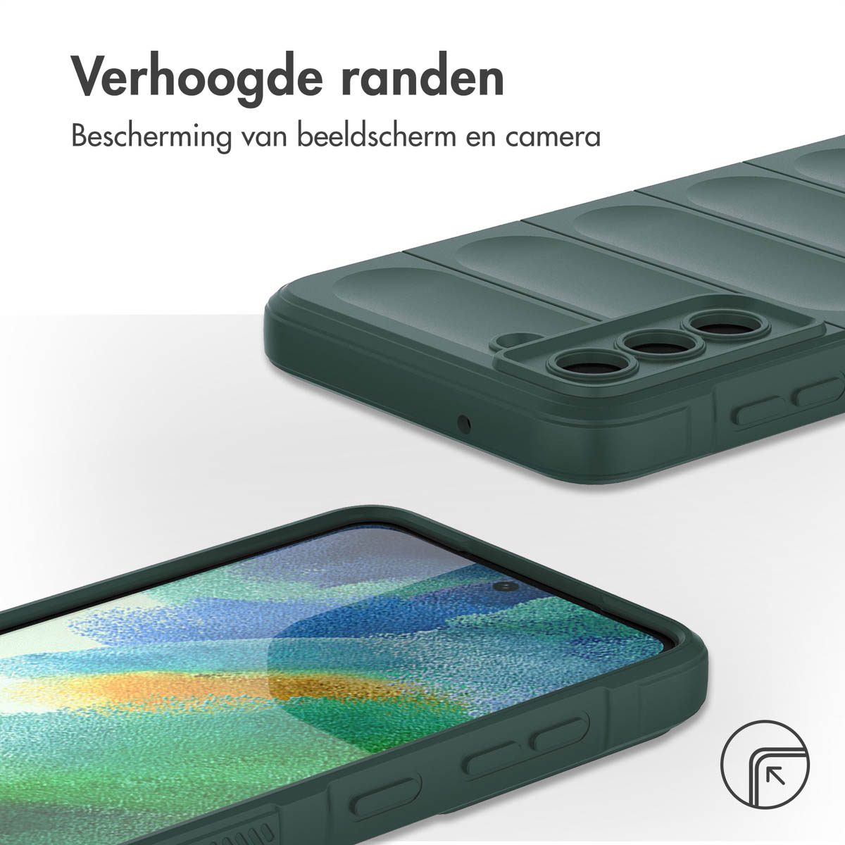 Coque de téléphone verte avec bords surélevés. Protège écran et caméra. Fond blanc.