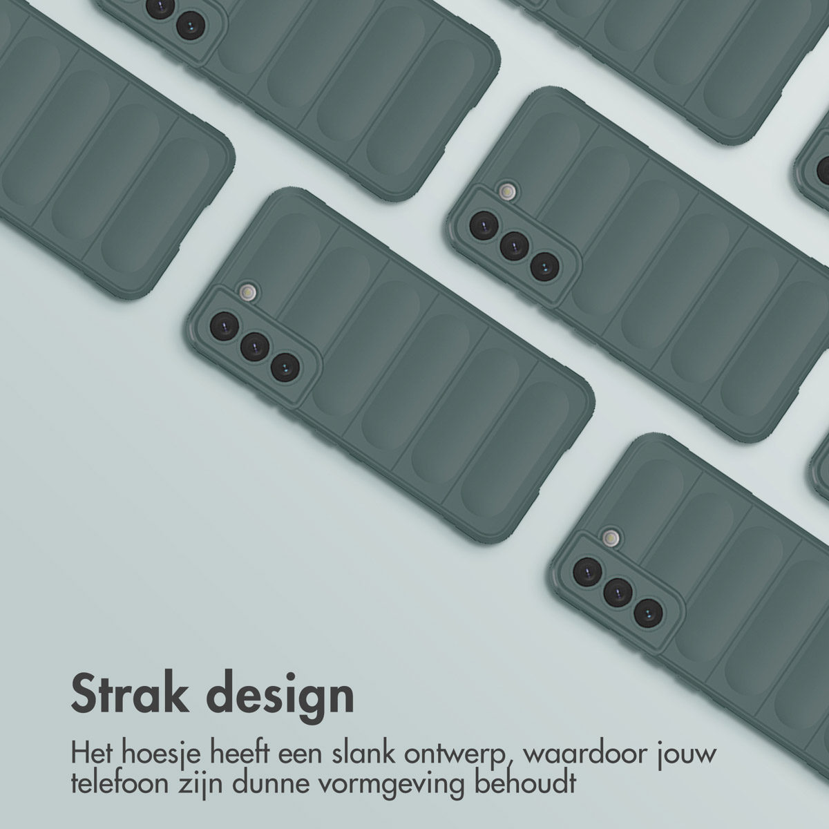Meerdere grijze telefoonhoesjes met een geribbeld ontwerp, met een lichtblauwe achtergrond.
