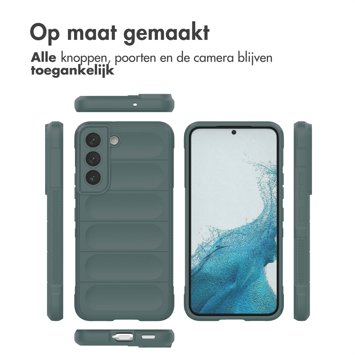 Groen telefoonhoesje met zwarte telefoon. Toont de hoes vanuit meerdere hoeken.