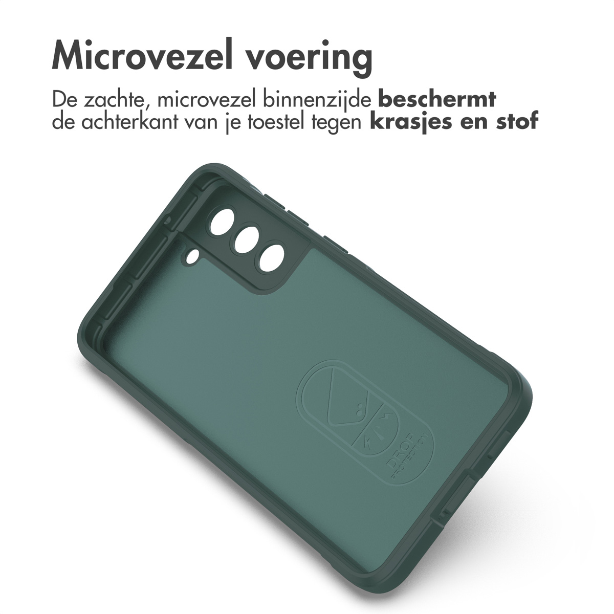 Intérieur de coque verte avec texte en néerlandais, montrant une doublure en microfibre.