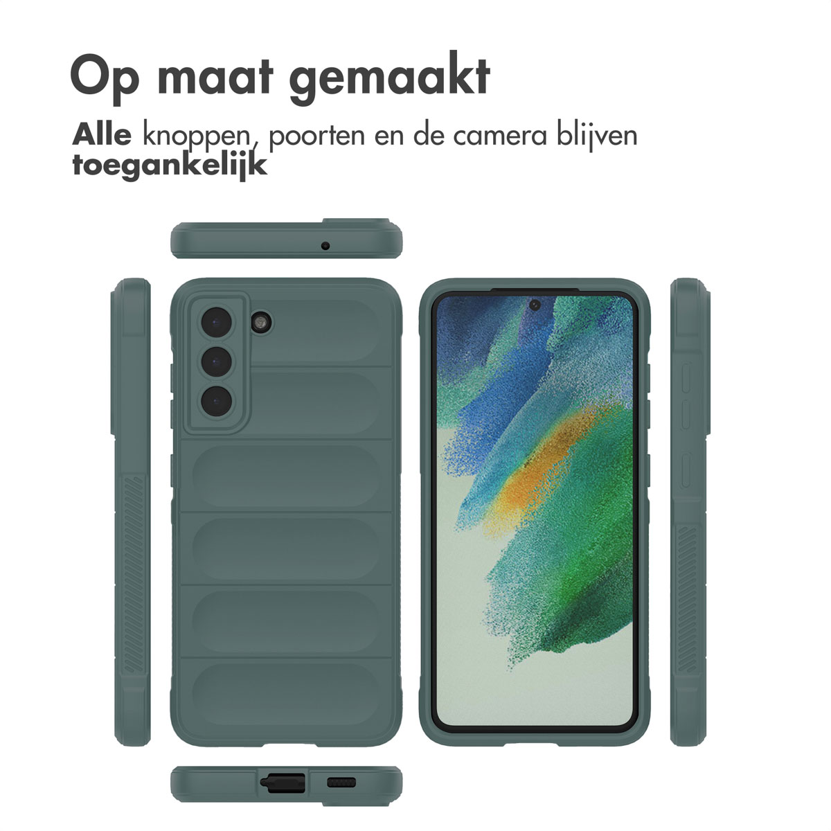 Étui de téléphone en pièces montrant différents angles. L'étui est bleu-vert. Texte en bas.
