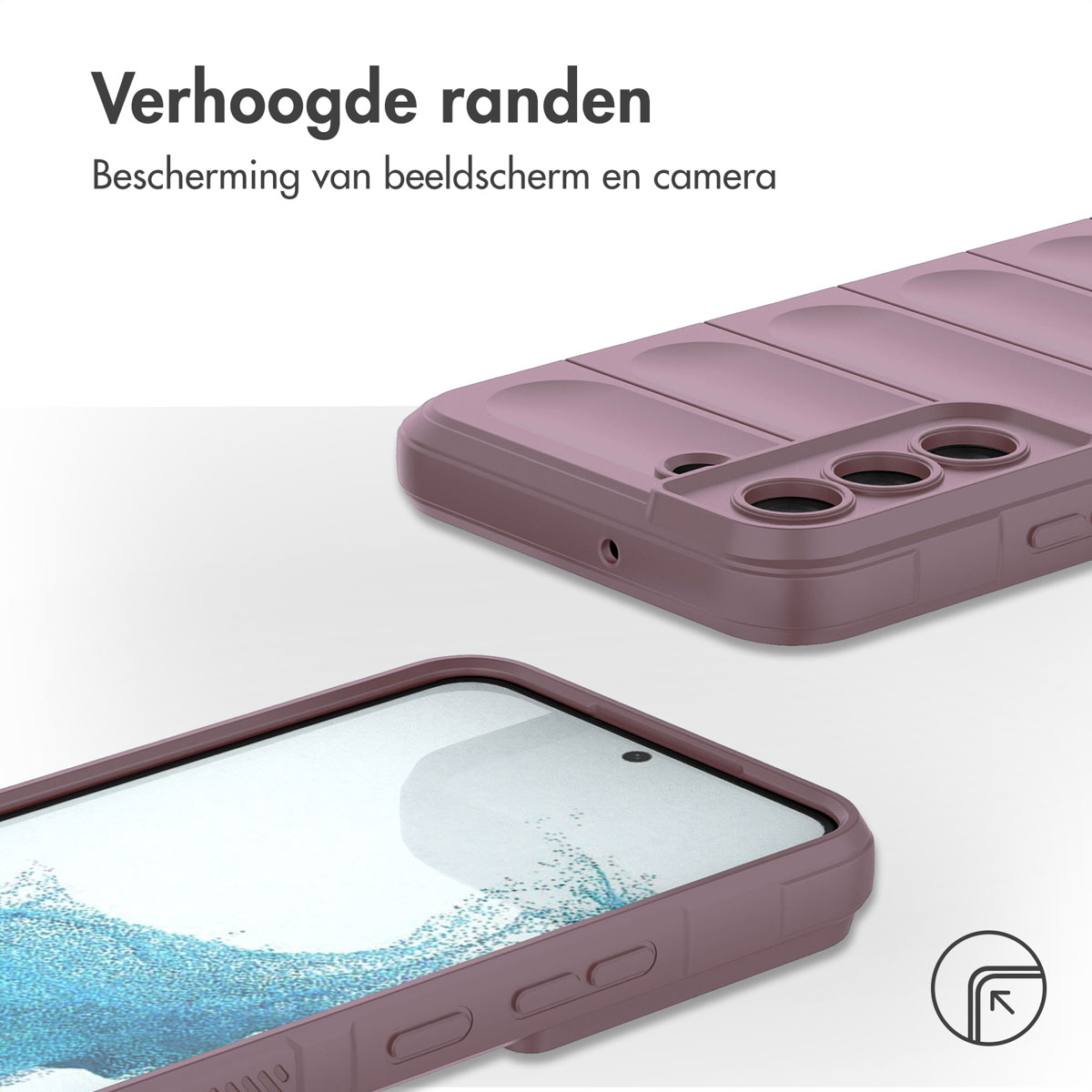 Mauve telefoonhoes met verhoogde randen. Tekst: 'Verhoogde randen'. Telefoonhoes wordt getoond.