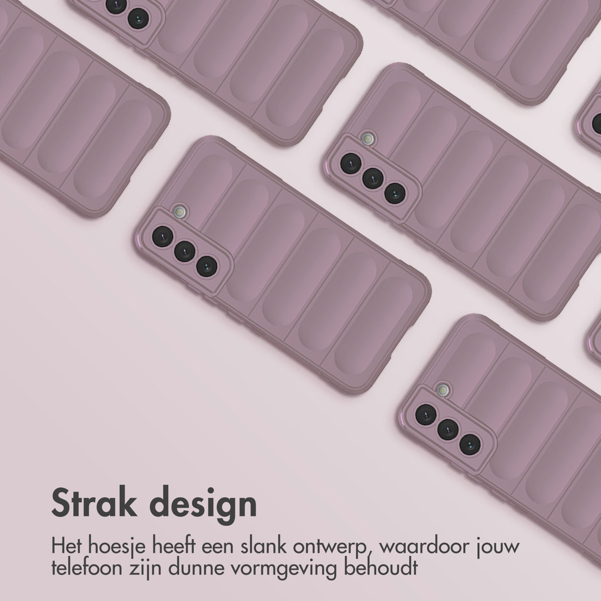 Roze telefoonhoesjes in een patroon. De achtergrond is lichtroze. Hoesjes hebben een strak design.