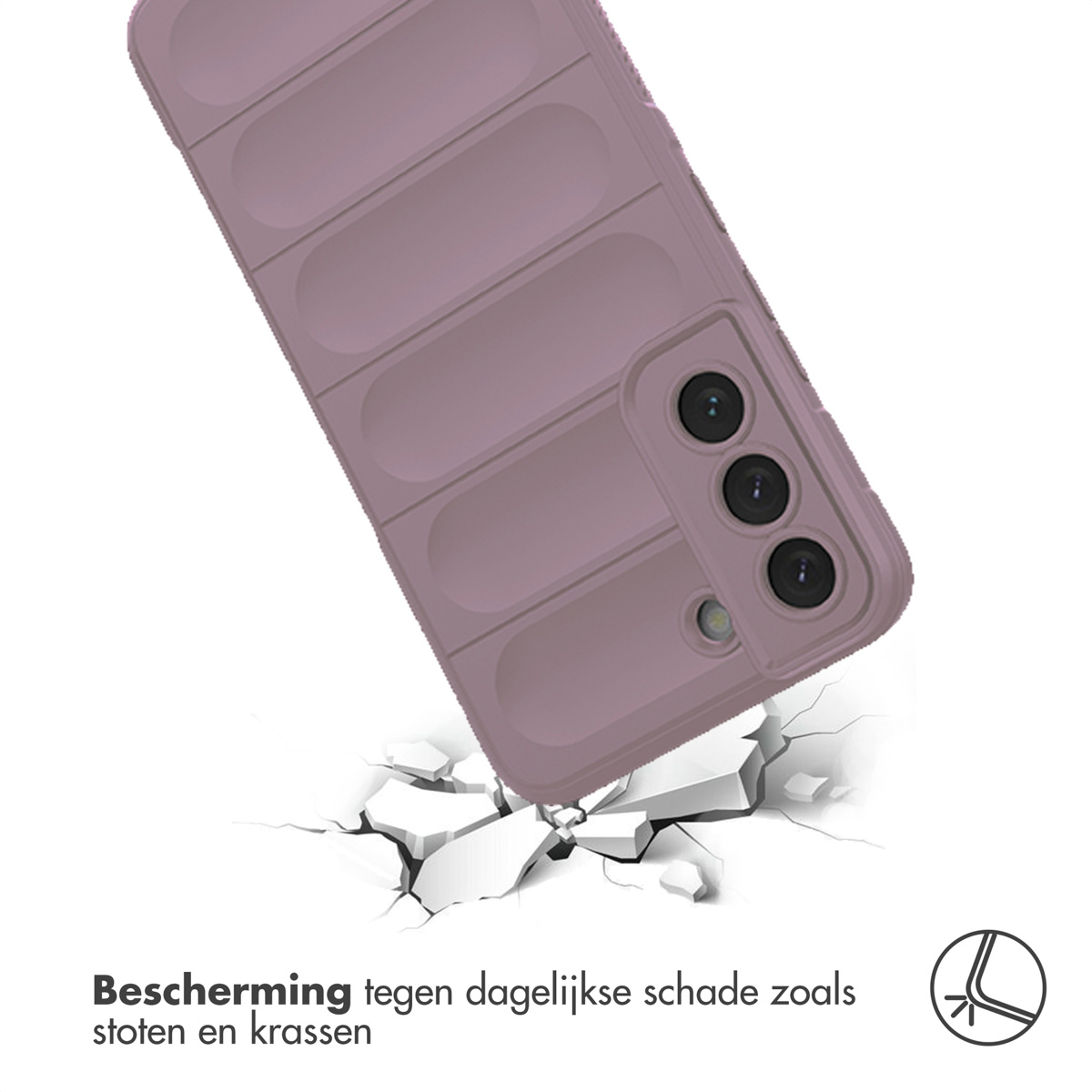 Pruimkleurige telefoonhoes met ribbelontwerp. De telefoonhoes valt en heeft de grond bij impact gebarsten.