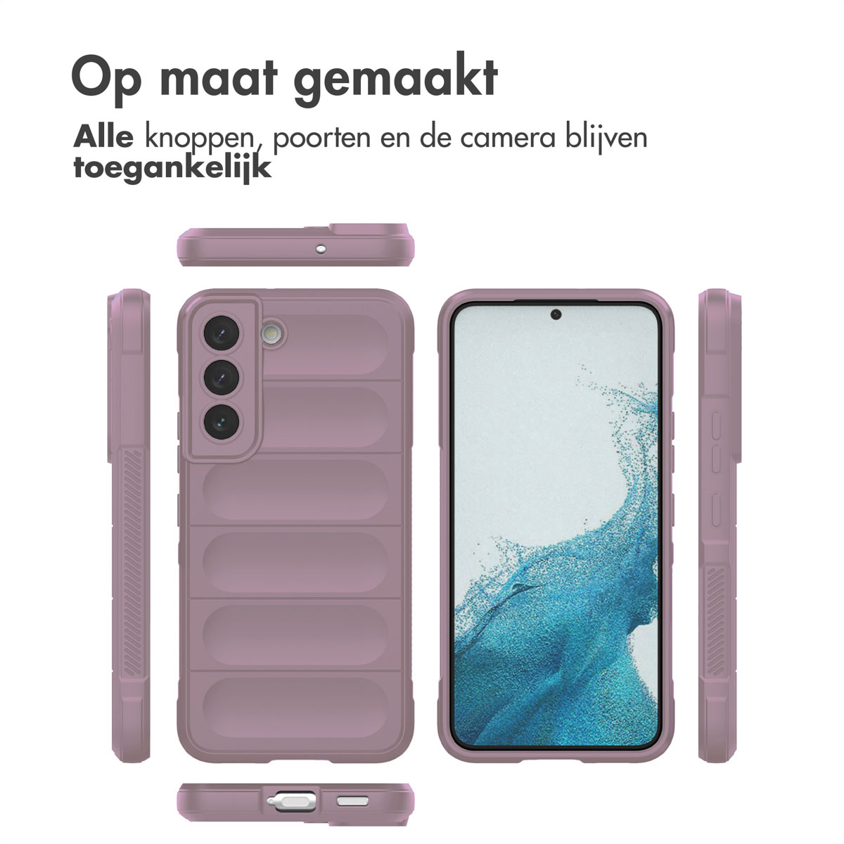 Paarse telefoonhoes met telefoon erin, verschillende hoeken en tekst bovenaan. De telefoon toont een app.