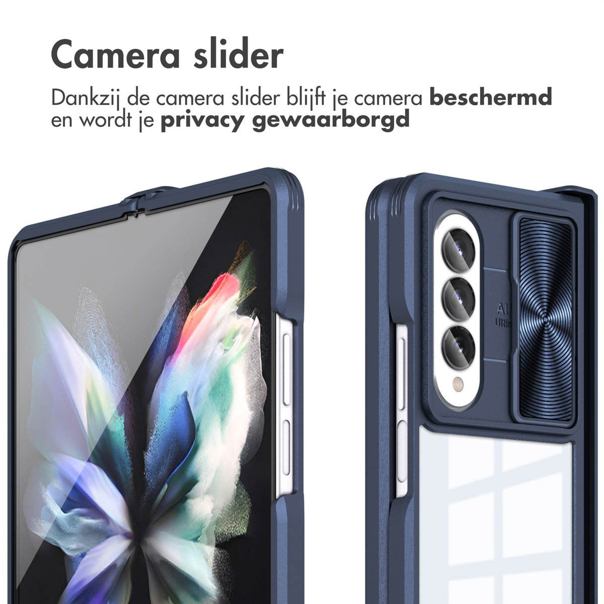 Custodie blu per telefono con cursore della fotocamera. Il testo dice che il cursore protegge la fotocamera e garantisce la privacy.