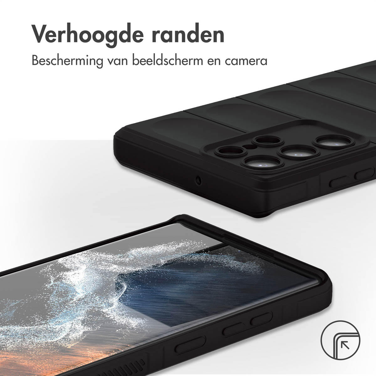 Zwarte telefoonhoes met telefoon, geïsoleerd op witte ondergrond.