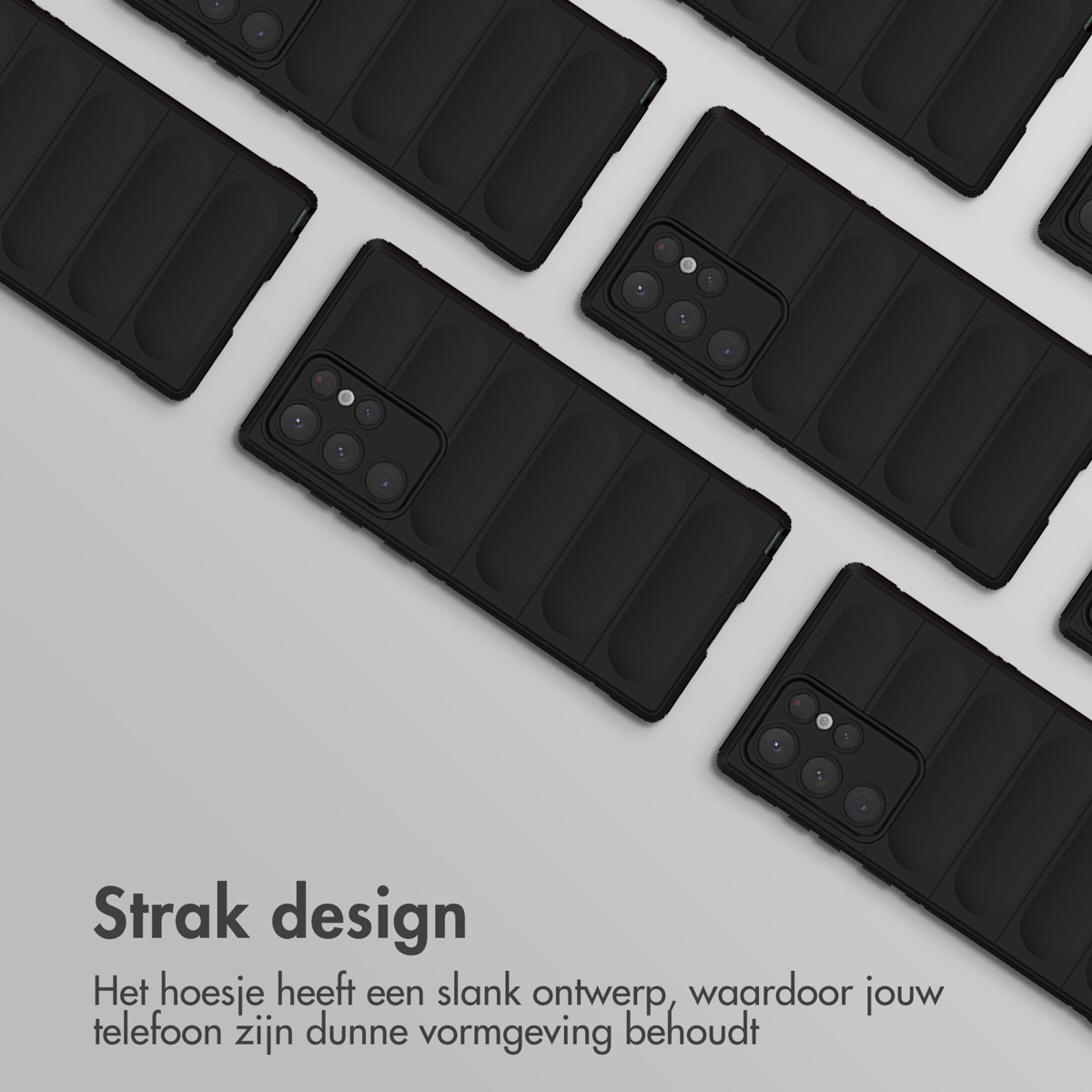 Veel zwarte telefoonhoesjes gerangschikt. De hoesjes liggen op een wit oppervlak. Elk heeft een telefoon erin.