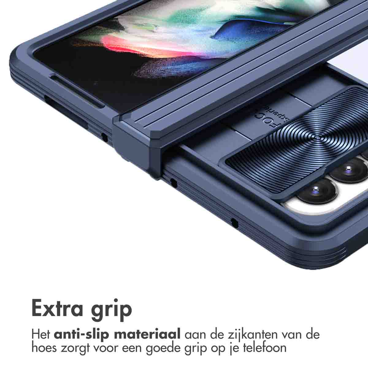 Custodia per telefono blu con cursore della fotocamera su un telefono.