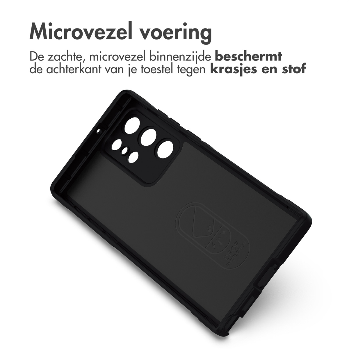Zwarte telefoonhoes. Het heeft een microvezel voering. Tekst: 'Microvezelvoering'.