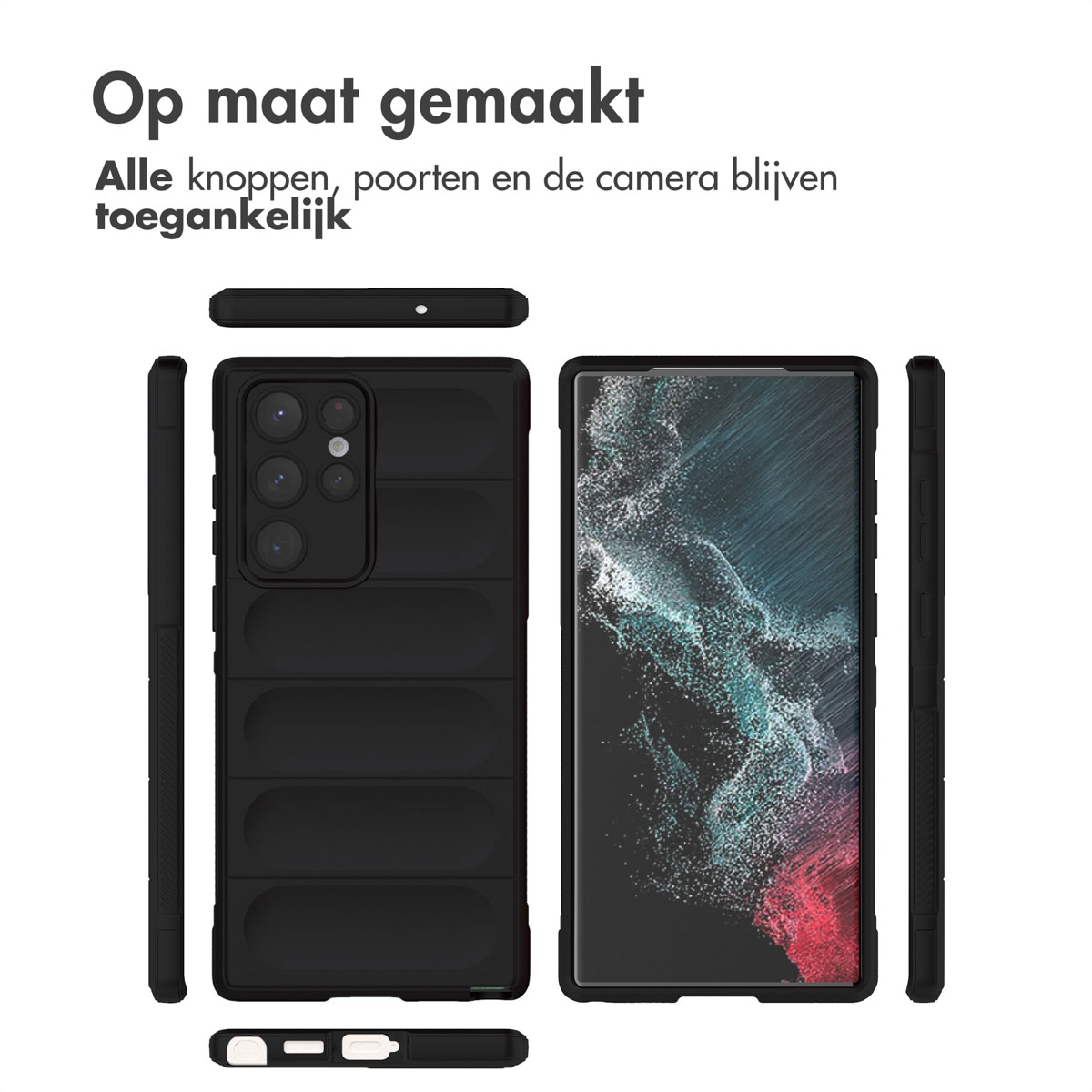 Zwarte telefoonhoes in stukken, hoeken tonend. De hoes is zwart. Tekst eronder.