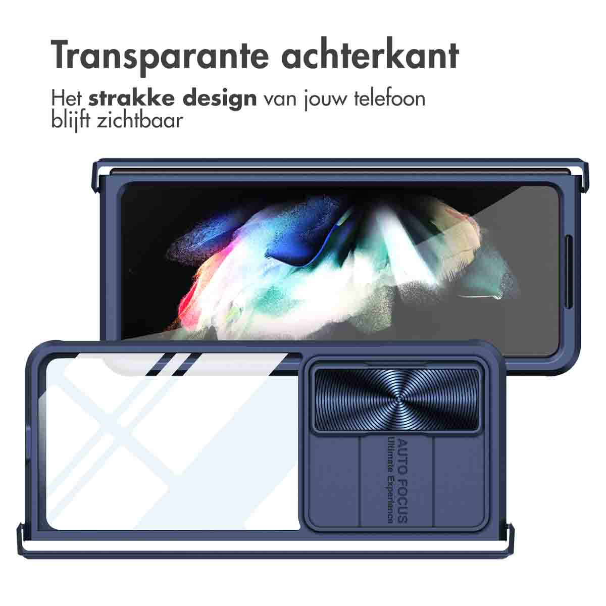 Custodia blu per telefono con retro trasparente che mostra lo schermo di un telefono. Modulo fotocamera visibile.