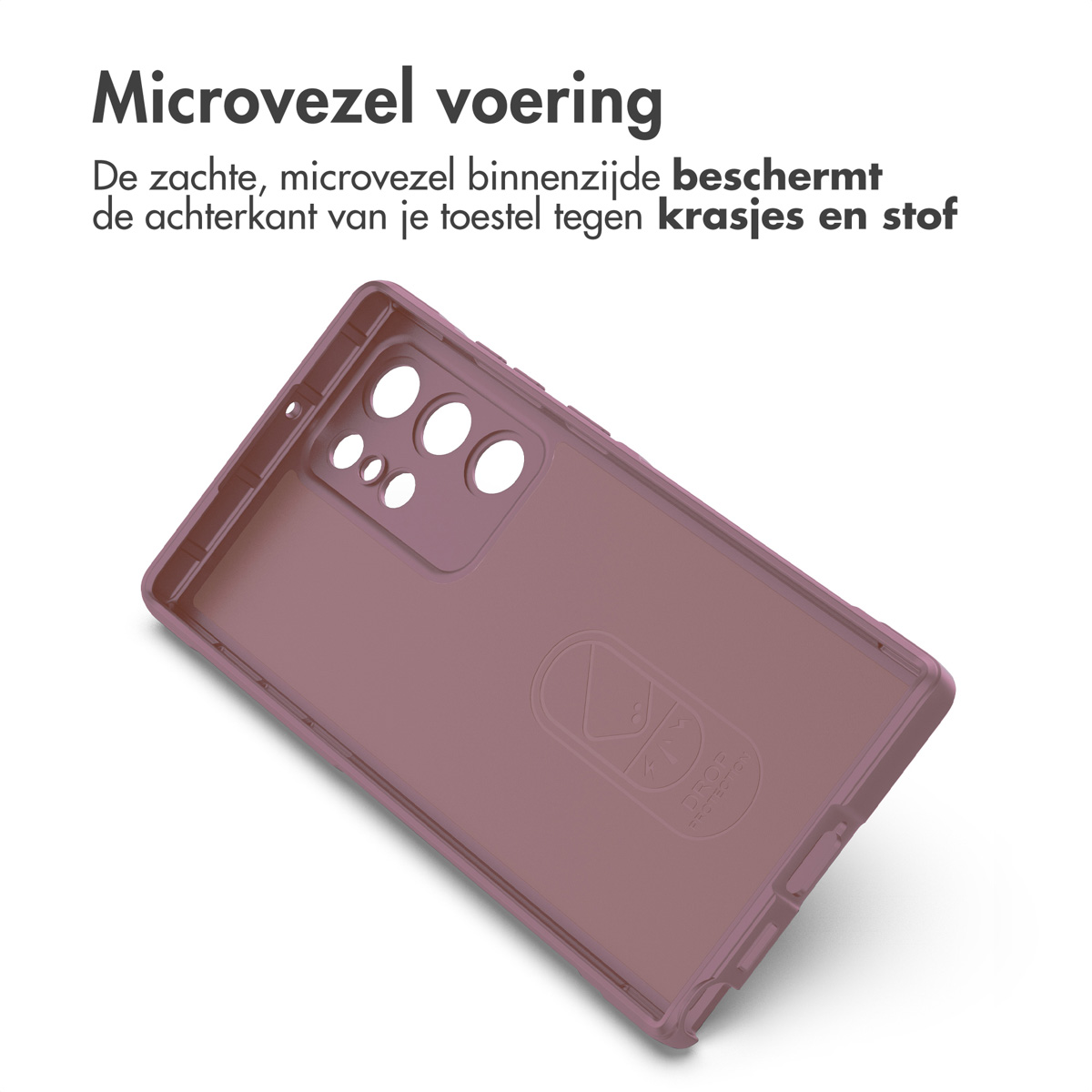 Roze telefoonhoesje interieur. Het heeft meerdere gaten voor de camera en een logo.