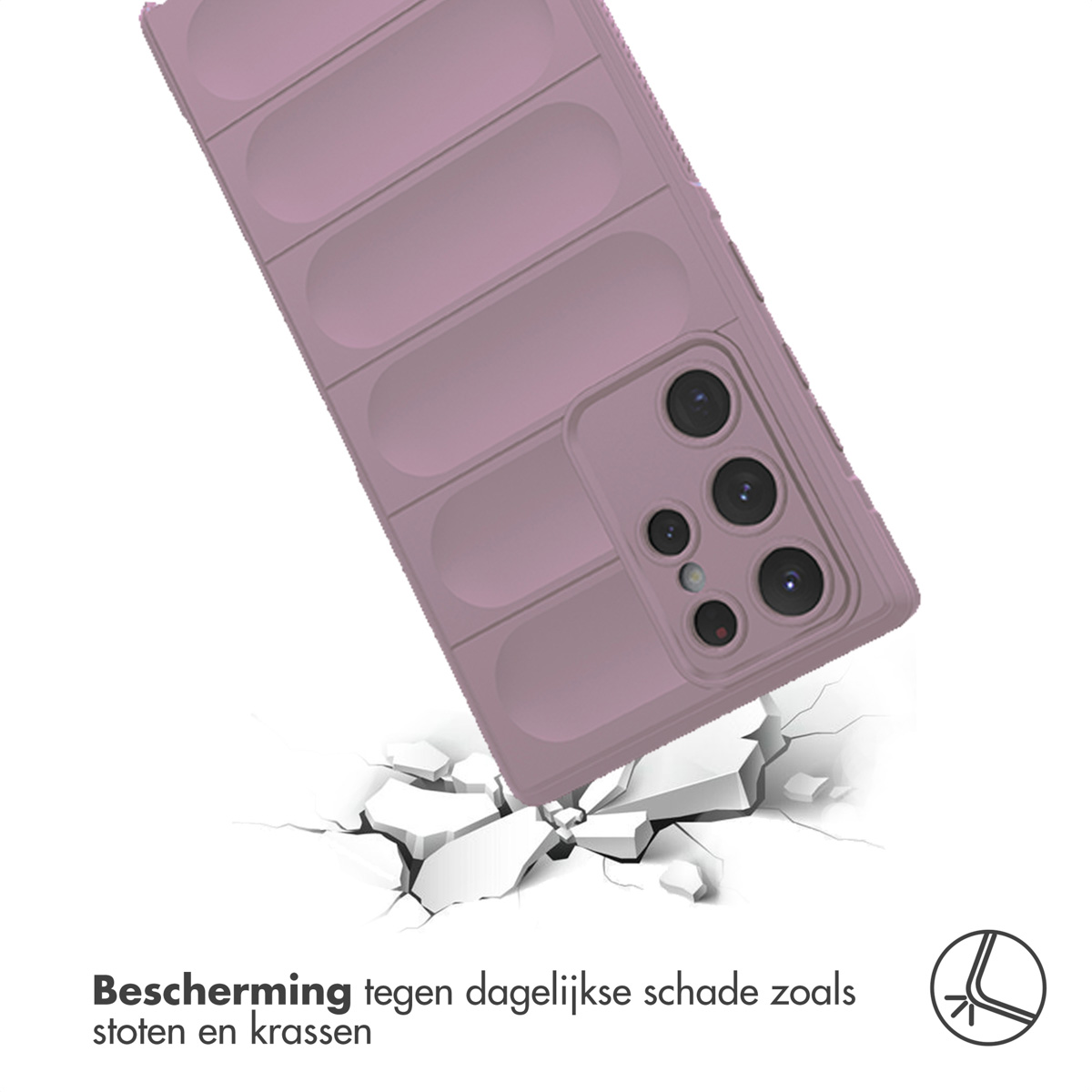 Roze telefoonhoesje met een telefoon erin. Telefoon valt, grond scheurt.