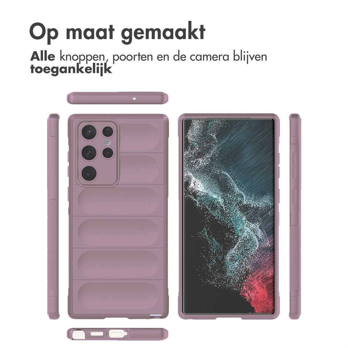 Een telefoonhoesje in verschillende posities. Een telefoon binnenin en de zijkanten van de hoes worden weergegeven. Roze hoes, witte achtergrond.